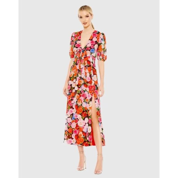 NWT Ieena for Mac Duggal Floral Print Front Tie Puff Sleeve Flowy Midi - size 16 - Picture 1 of 9
